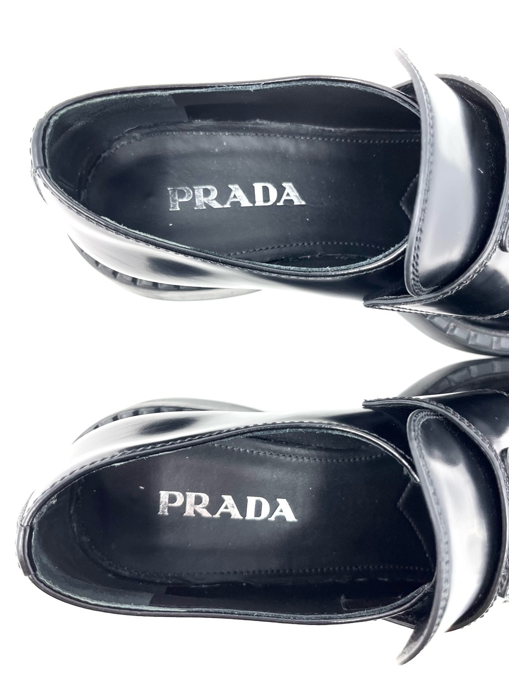 Prada Chocolate Black Triangle Logo Brushed Leather Loafers Heels Chunky 38.5 - Picture 9 of 14